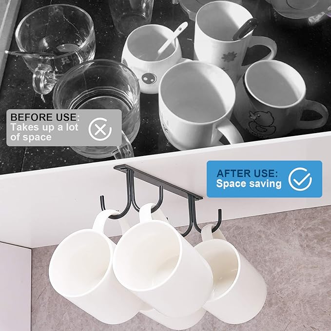 Mug Rack Under Cabinet - Coffee Cup Holder, 8 Mugs Hooks Under Shelf, Display Hanging Cups Drying Hook for Bar Kitchen Utensils Black
