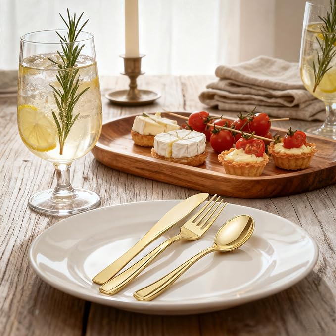 WDF 500PCS Gold Plastic Silverware Set Disposable - Gold Cutlery Set Plastic - 250Forks, 125 Spoons, 125 Knives for Party Baby Shower Wedding Spring