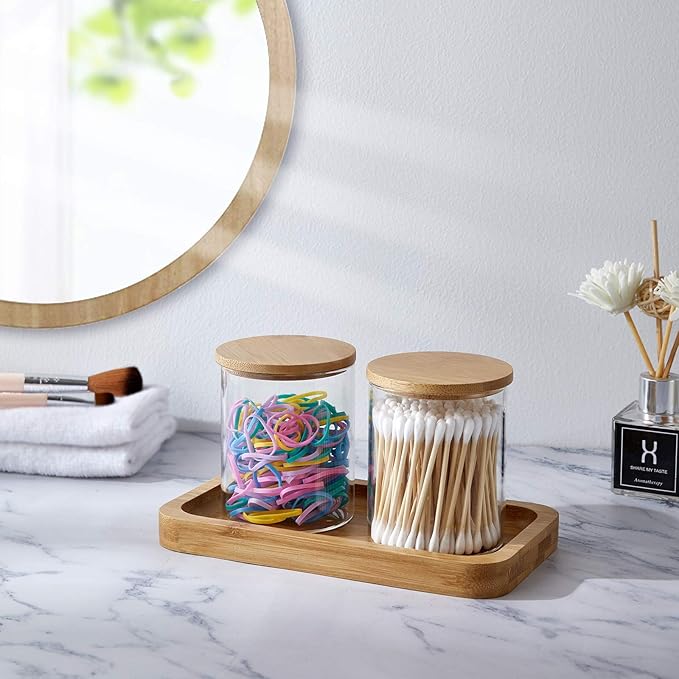 Qtip Holder with Bamboo Vanity Tray, Glass Apothecary Jars with Lids, Cotton Ball Swab Pad Rounds Holder Bathroom Canister Jars for Bathroom Restroom Decorations and Organizer