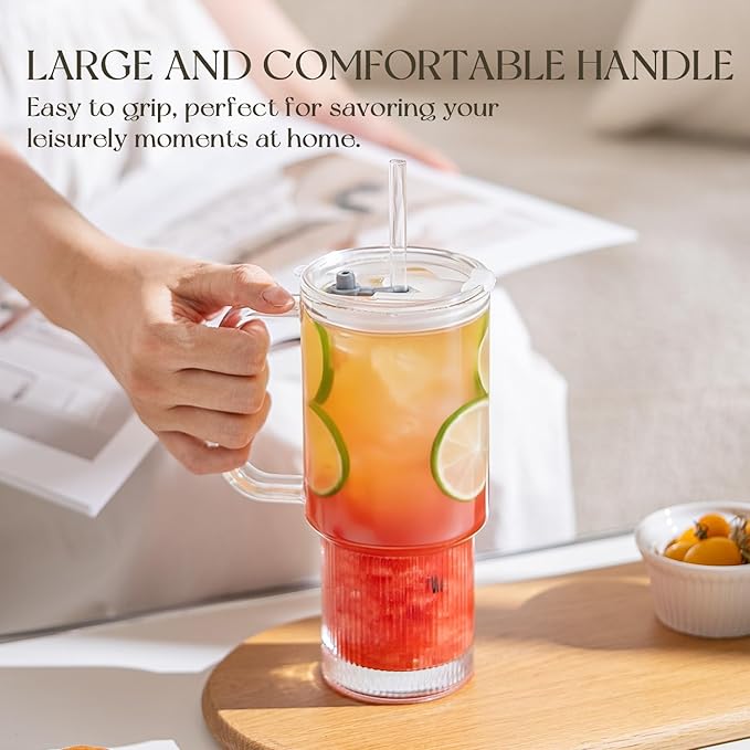 KEMORELA 2-Pack 26oz Ribbed Glass Tumblers with Handle and Lid – Large Aesthetic Iced Coffee Cups with Straws, Modern Textured Glass Mugs for Smoothies, Tea, Juice & Cold Beverages, Dishwasher Safe