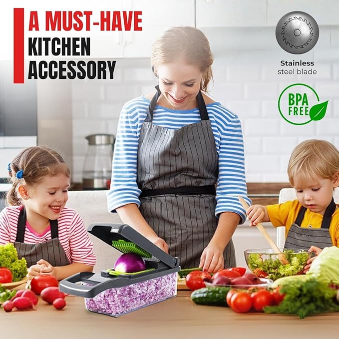 Vegetable Chopper Dicer with Container Cheese Grater Mandoline Slicer Cabbage Shredder French Fry Cutter Stainless Steel For Veggie Onion Potato Fruit Food,Manual Hand Cooking Gadget for kitchen