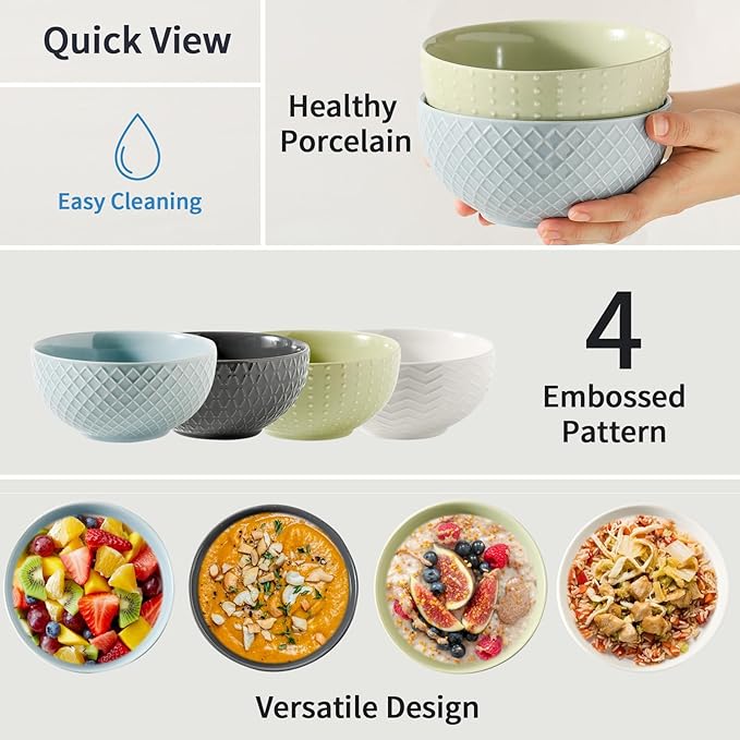 HASENSE Ceramic Cereal Bowls Set of 4, 26 Oz Embossed Soup Bowls for Kitchen, Modern Cereal Bowls, Microwave & Dishwasher Safe, Stackable Serving Bowls for Salad, Pasta, Oatmeal, Fruit, Green