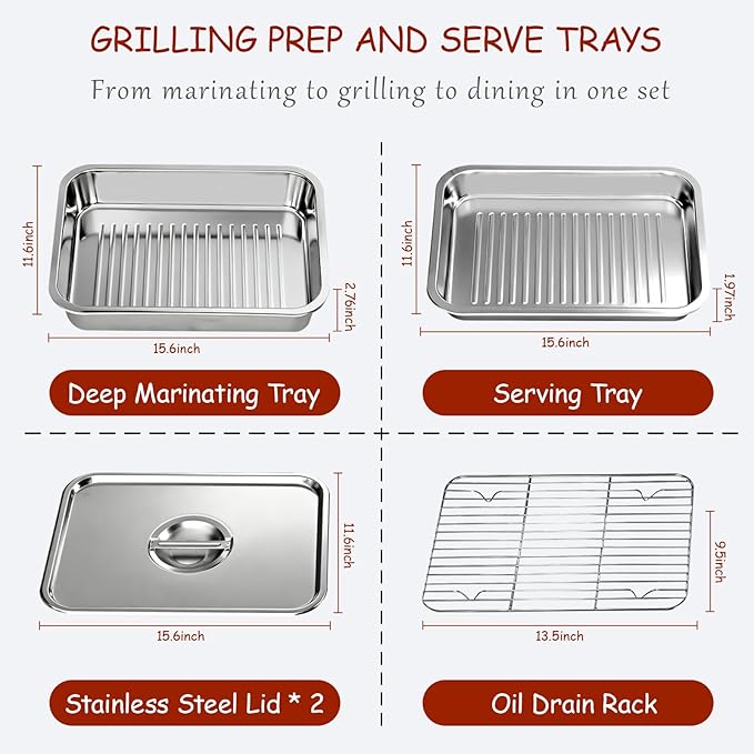 Stainless Steel Grill Prep & Serve Tray Set with Lids – Grill Carry System for Large Food Prep, Marinating Containers, Oven Roasting, and Serving (Grill Prep & Serve Tray Set #1)