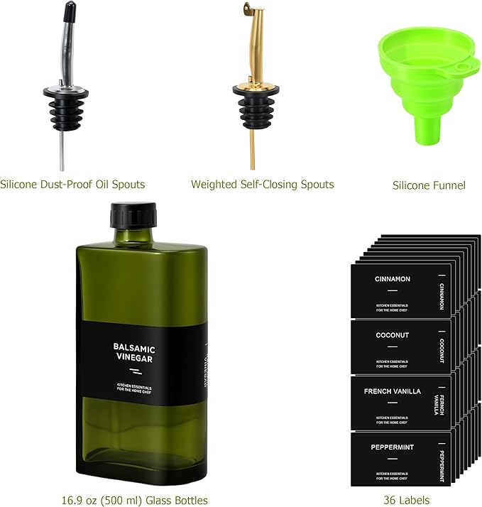 R DRURLCD Green Glass Olive Oil Dispenser, 16.9oz/500ml Curved Cooking Oil and Vinegar, Soy Sauce Dispenser, Coffee Syrup Bottles，2 Gold Silver Stainless Steel Pourers, 36 Labels，Funnel
