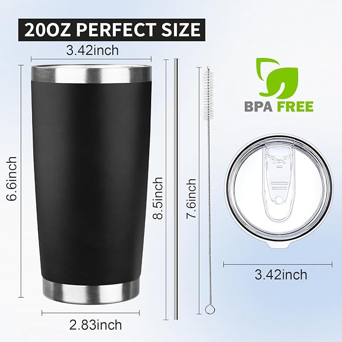 20oz Tumbler with Lid and Straw Double Wall Powder Coated Vacuum Insulated Coffee Tumbler Stainless Steel Insulated Travel Coffee Mug Spill-Proof Thermal Cup for Hot and Cold Beverage,Black