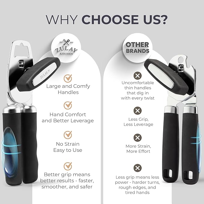 Zulay Kitchen COMFY™ Can Opener Manual with Bottle Opener - Rust Proof Stainless Steel Manual Can Opener With Turn Knob & Comfy Soft Grip Handles - Black