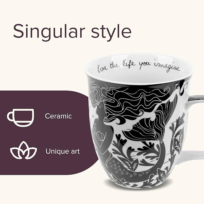 Karma Gifts 14 oz Black and White Boho Mug Mermaid - Cute Coffee and Tea Mug - Ceramic Coffee Mugs for Women and Men