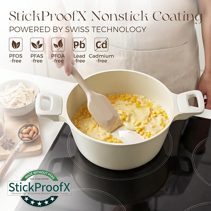 PRICUSIS Ceramic Nonstick Stock Pot with Silicone Rim Glass Lid, 4.5/7QT Soup Pot Casserole, Cooking Pot, Induction Compatible, Dishwasher Safe, Ideal for Pasta & Stews, PTFE PFOA Free, Coconut White