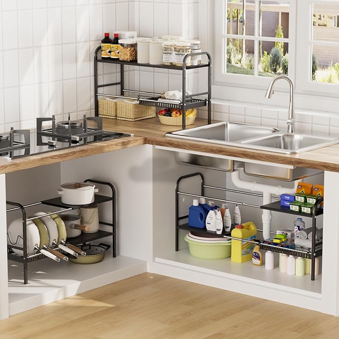 Under Sink Organizer 2 Tier Kitchen Storage Rack, Expandable Pot and Pan Organizer with Adjustable Height & 4 Dividers, Removable Kitchen Shelf for Cabinet, Countertop(4panels,1 Pot rack, Black)