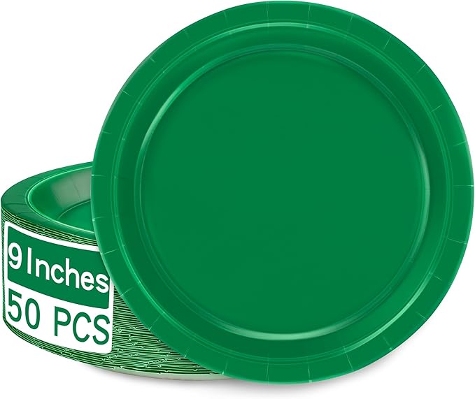 QZYL 50 PCS Disposable Paper Plates, 9 Inches Dinner Paper Plates Set, Green Heavy Duty Tableware, Round Dinnerware for Daily Use Picnic Anniversary Birthday St Patricks Day Party Supplies