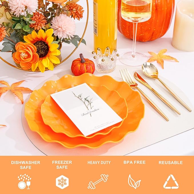 LIYH 50 Pcs Orange Scalloped Heavy Duty Reusable Unbreakable Plastic Plates for Party, Dishwasher Safe BPA Free (25 Guests) - 10 Inch Dinner Plate and 7.5 Inch Dessert Plates