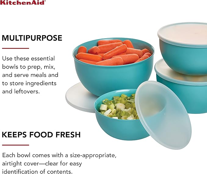 KitchenAid Plastic Prep Bowls with Lids, Set Of 4, Aqua Sky