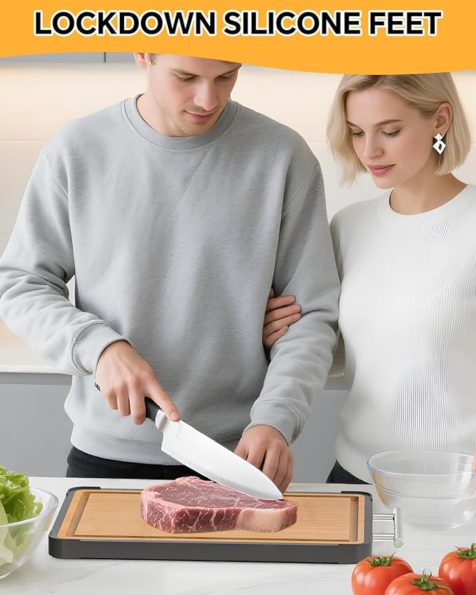Cutting Boards for Kitchen - Food Grade Double Sided Pure Stainless steel& Bamboo Chopping Board with Handle, Slip resistant Non-toxic Charcuterie Board Housewarming Gifts (15.5×10)
