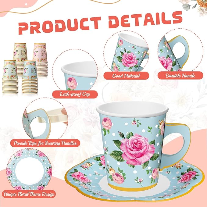 Umigy 60 Sets Spring Tea Party Decorations 9 oz Floral Paper Teacups & Saucer Set for Girls Women Afternoon Tea Parties Mothers Day Bridal Shower Wedding Birthday Party Decorations(Multicolored)