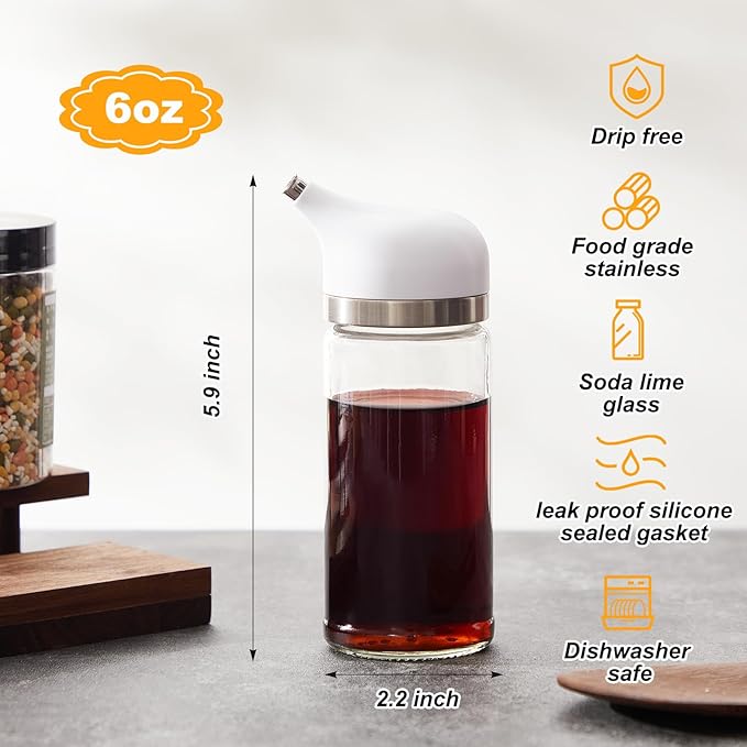 1 Pcs Cruet Dispenser Set 6 oz, White Glass Soy Sauce Dispenser, Small Olive Oil and Vinegar Bottles, Soy Sauce Bottle, Non Drip Spout Cruet Bottle for Kitchen Cooking
