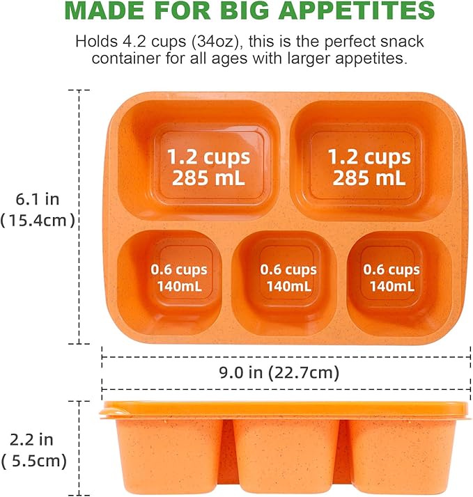 Caperci 4 Pack Bento Snack Box Containers for Adults & Kids - Reusable Adult Lunchable Containers with 5 Compartments for School, Work, and Travel, Wheat Straw, BPA-Free (Jewel Brights)