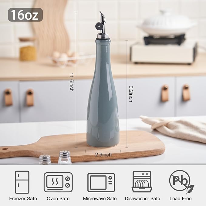 YOLIFE Olive Oil Dispenser Bottle, 16oz Ceramic Oil Dispenser for Kitchen, Oil Bottle with Gravity Spout, Leak Proof EVOO Dispensing Bottle with 2 Spouts and 1 Funnel for Vinegar, Juice(Gray)