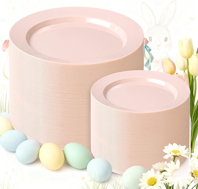 FLOWERCAT 200PCS Pink Plastic Plates Disposable Plates for Party - Heavy Duty Plastic Plates - 100 10" Pink Dinner Plates and 100 7" Pink Salad Plates for Weddings, Easter Parties,Mother's Day