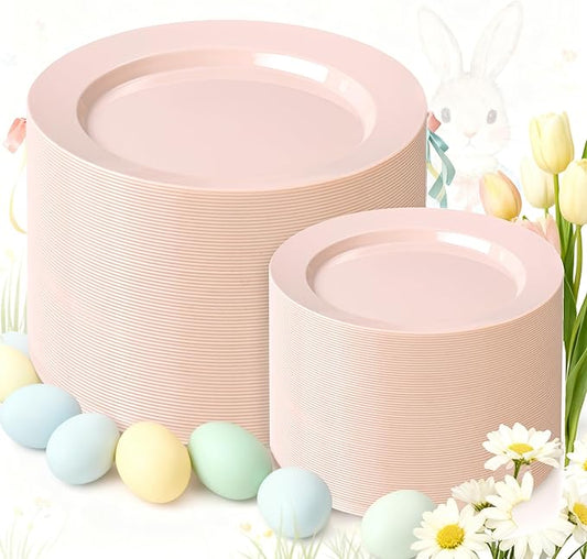 FLOWERCAT 200PCS Pink Plastic Plates Disposable Plates for Party - Heavy Duty Plastic Plates - 100 10" Pink Dinner Plates and 100 7" Pink Salad Plates for Weddings, Easter Parties,Mother's Day
