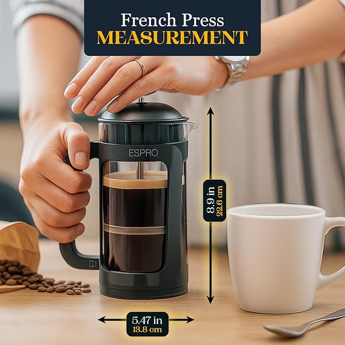 ESPRO P3 French Press Coffee Maker – Patented Double Micro-Filter for Grit-Free Brew, Heat Resistant thicker Borosilicate Glass Coffee press – (Black 17 oz)
