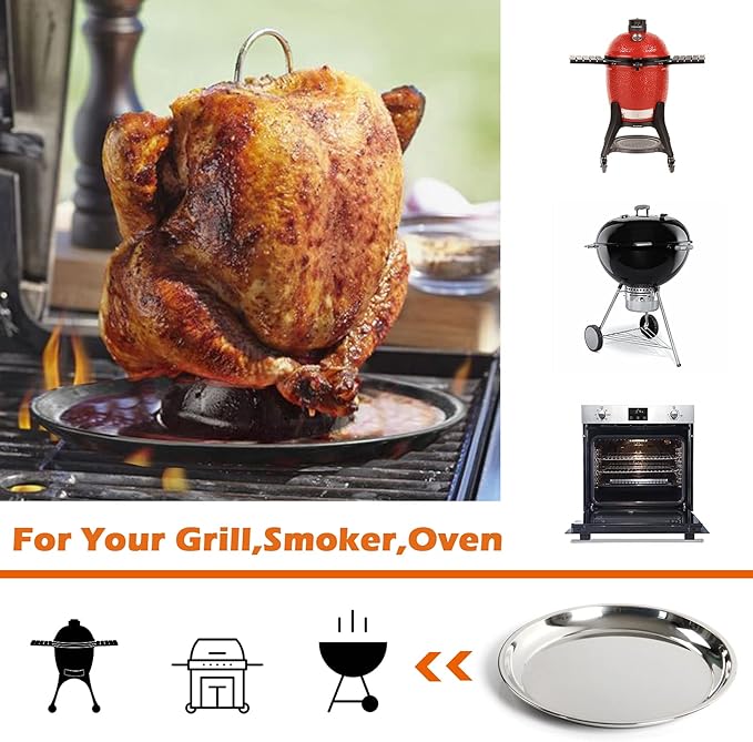 14 In Stainless Steel Roasting Pan, Stainless Steel Heavy Duty Kitchenware Round Roaster Pan Large XLarge Big Size Green Egg Drip Pan for Turkey Baking,Roast Chicken,Brushed Surface & Dishwasher Safe