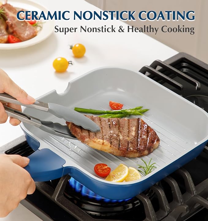 KOCH SYSTEME CS 11 Inch Nonstick Grill Pan for Stove Tops, Square Pan with Pour Spouts, Square Frying Pan for Indoor Cooking, Grill Skillet with Bakelite Handle, PTFE & PFOA Free, Blue