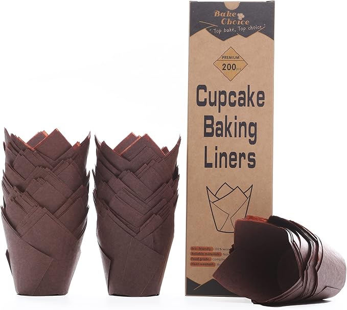 200pcs Brown Tulip Cupcake Liners for Baking Cups European Parchment Paper Tulip Muffin Liners, Nordic Paper Cupcake Wrapper for Party, Christmas, Standard Size