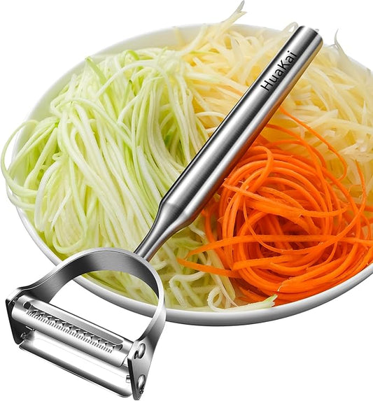 Stainless Steel Vegetable Peeler, 2-in-1 Multi-Function Design,Various Fruits and Vegetables/Straight-edge blades for peeling/Serrated blades for Julienne/Silver (Upgraded Version)