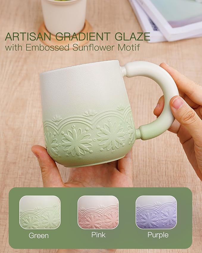 ZENS Tea Mug with Infuser and Lid, 11 oz Embossed Ceramic Loose Leaf Tea Steeper Cup, Wood Lid & Fine Strainers, Loose Tea Diffusers for Tea Lovers Gifts, Pale Green