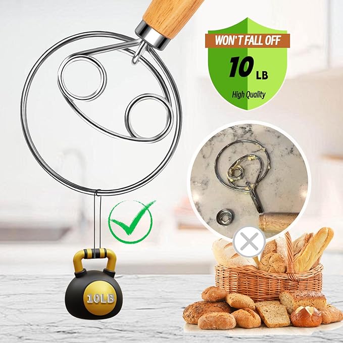 Danish Dough Whisk Stainless Steel with Dough Hook & Wooden Handle for Sourdough Bread Baking and Dough Mixing