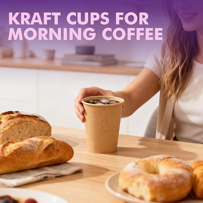 8 oz 200 Pack Disposable Paper Cups, Kraft Coffee Cups, Brown Paper Disposable Hot Cups for Coffee, Tea, Cocoa, Water