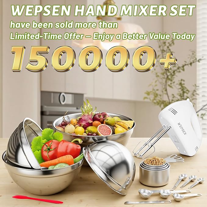 5-Speed Electric Hand Mixer, 4 Large Mixing Bowls Set, Handheld Mixers with Whisks Beater, Stainless Steel Metal Nesting Bowl Measuring Cups Spoons Kitchen Cake Blender for Baking Supplies