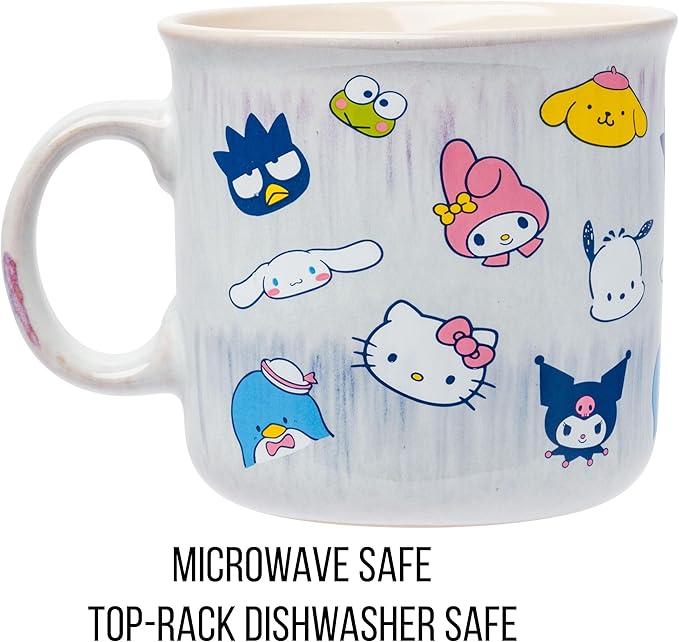 Silver Buffalo Sanrio Hello Kitty and Friends Featuring My Melody, Badtz-Maru, Pochacco, Keroppi, Pompompurin, Cinnamoroll, Kuromi, and Tuxedo Sam Reactive Glaze Ceramic Camper Mug, 20 Ounces