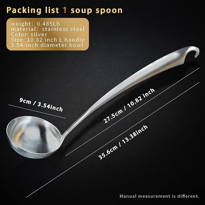 Kitchen Ladle, Matal Soup Ladle, Stainless Steel Big Spoon, white Hanging Hook, No rust, Dishwasher Safe, Gift for Family