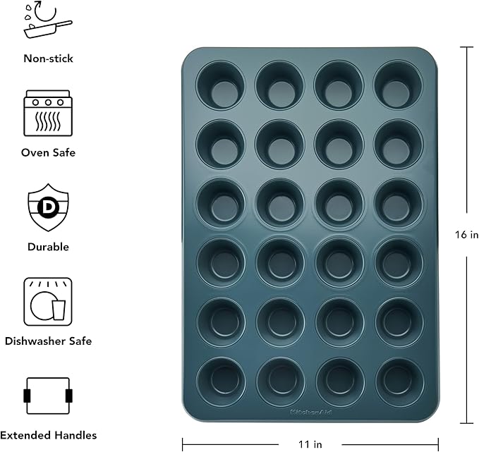 KitchenAid Nonstick Swiss Engineered Aluminized Steel Muffin Pan, Dishwasher Safe, Agave, 24 Cup