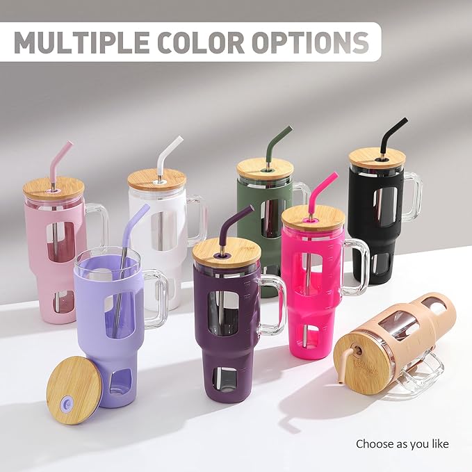 Glass Tumbler with Straw and Lid, 40 oz glass cup with handle, Glass Water Bottles with Time Marker, Silicone Protective Sleeve-Purple