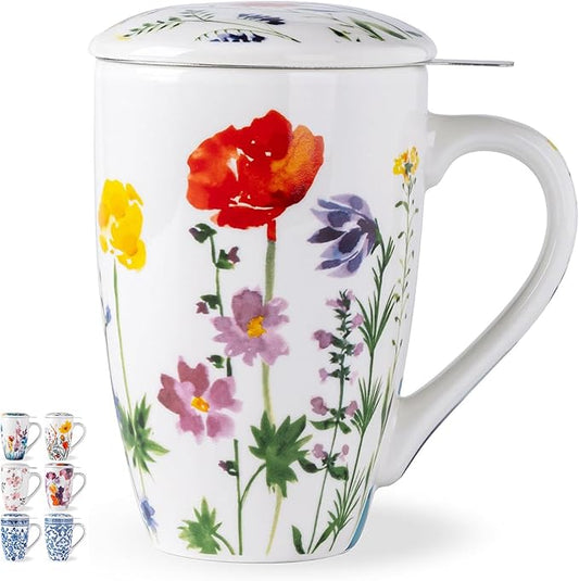 AmorArc Porcelain Tea Mug with Infuser and Lid – 18oz Loose Leaf Tea Cup with Handle, Gift for Tea Lovers (Men & Women)