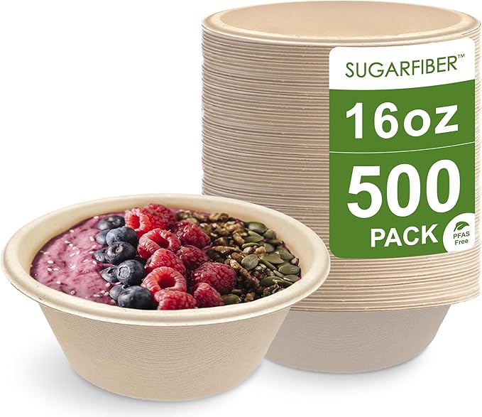 [500 Count]Harvest Pack 16oz PFAS FREE Round Compostable Bowls Bulk, Paper Heavy-Duty Eco-Friendly Disposable Bagasse Acai Bowls, Sugarcane Natural plant fibers for Meal Prep Takeout Dinnerware