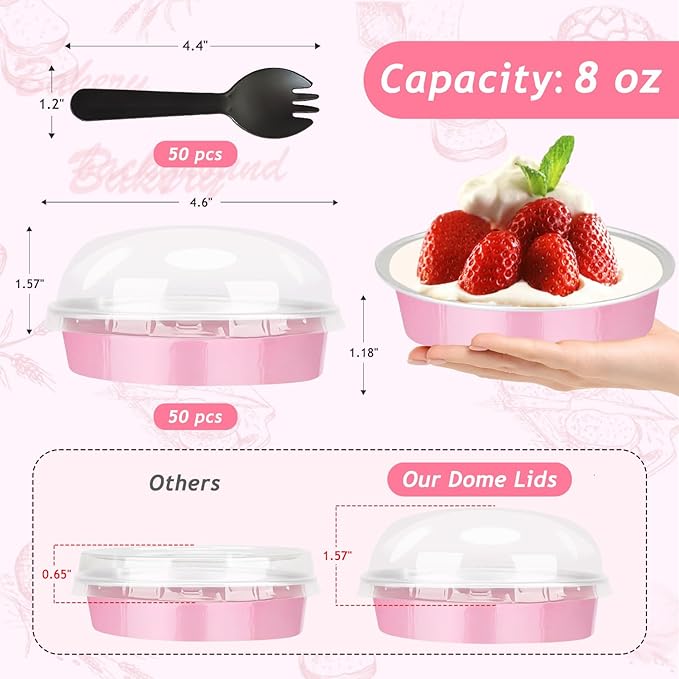 LNYZQUS 4” Mini Cake Tins with Lids 50 Pack, Small Aluminum Foil Pie Pans Disposable Ramekins Mini Tart Creme Brulee Baking Pans Dishes,Individual Muffin Tins Small Cake Contaniers-Pink