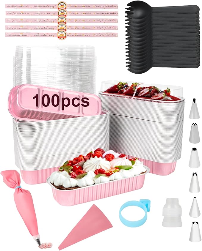 100 Pack Mini Cake Pans with Lids Spoons & 1 Piping Bag and Tips Set – 6.8oz Disposable Aluminum Foil Pink Mini Loaf Pans for Cake Tins, Baking, Gift & Parties