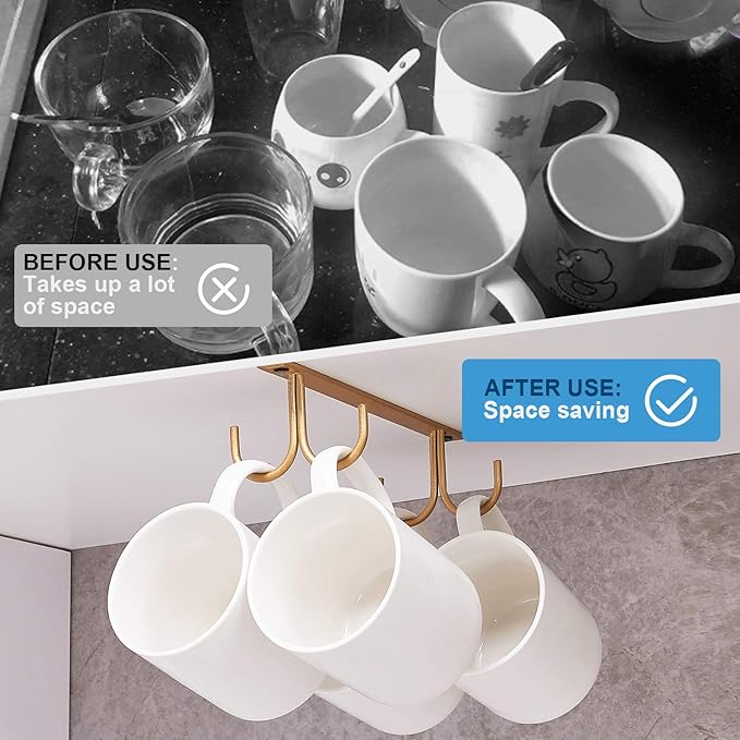 Mug Rack Under Cabinet - Coffee Cup Holder, 8 Mugs Hooks Under Shelf, Display Hanging Cups Drying Hook for Bar Kitchen Utensils Gold