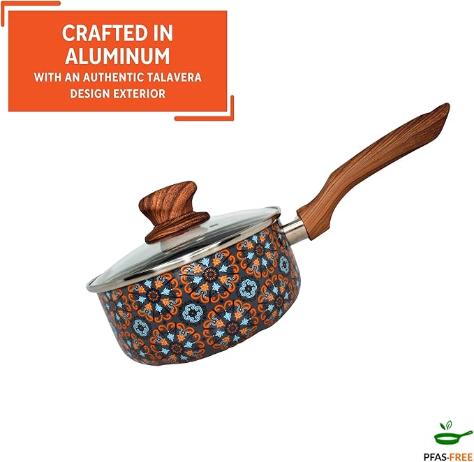 IMUSA 1.5 Quarts Talavera Nonstick Saucepan with Lid, Wood Look and Soft Touch Handle, Ceramic Coated