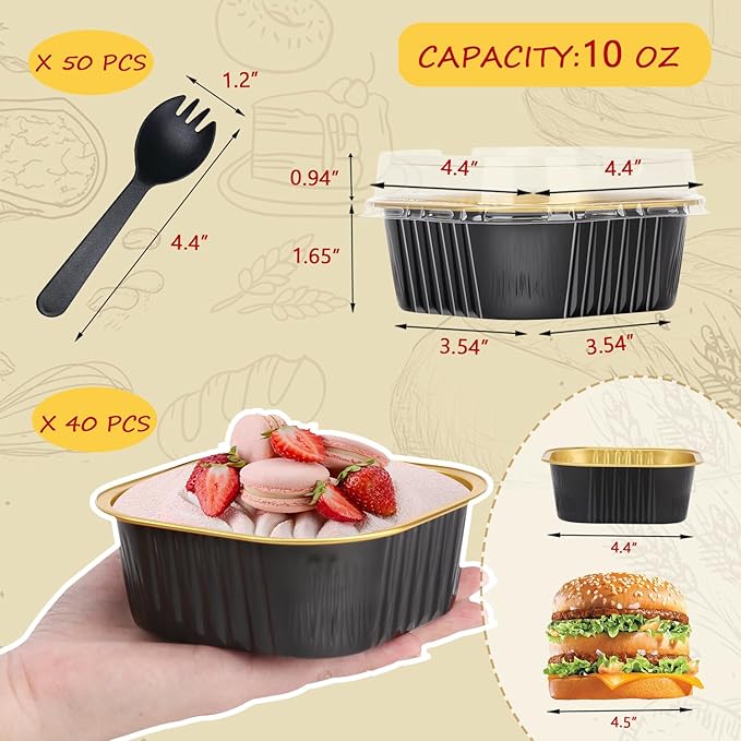 LNYZQUS 10oz Mini Cake Pans With Lids 40 Pack, Aluminum Foil Square Cupcake Liners Brownie Baking Cups,Disposable 4”x4” Large Cupcake Pan,Jumbo Muffin Tin Ramekins Holders-Black In Gold