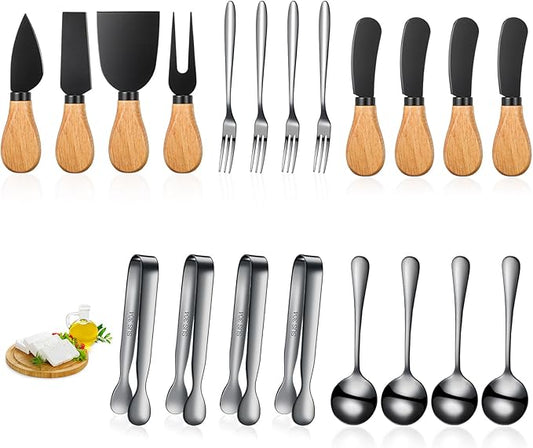 20 Pieces Charcuterie Board Accessories Spreader Knife Set Cheese Butter Spreader Knife Charcuterie Utensils with Wooden Handles Mini Serving Tongs Spoons Forks for party Wedding Christmas (Black)