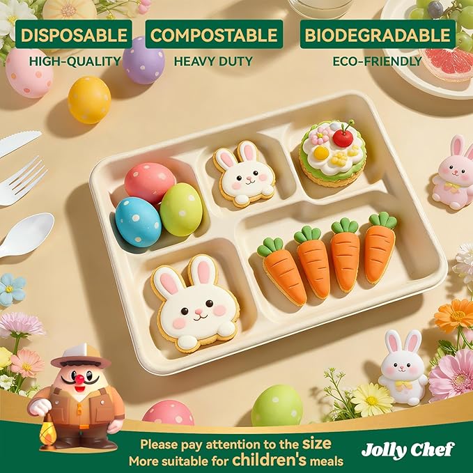 JOLLY CHEF Compostable 𝟱 Compartment Paper Plates 𝟭𝟭 * 𝟴 𝗶𝗻𝗰𝗵 [𝟱𝟬𝟬 𝗣𝗮𝗰𝗸] Heavy Duty Natural Divided Disposable Eco-Friendly Biodegradable Food Trays for Party Lunch Dinner Christmas