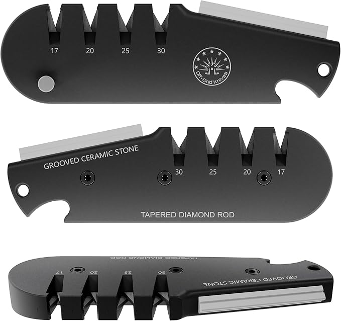 Off-Grid Knives - QuadEdge Knife Sharpener with 4 Angles: 17° | 20° | 25° | 30°, Diamond Rod, Fishing Hook Sharpener, Ceramic Honing Stone – Camping, Fishing, Hunting, Boating (Black)