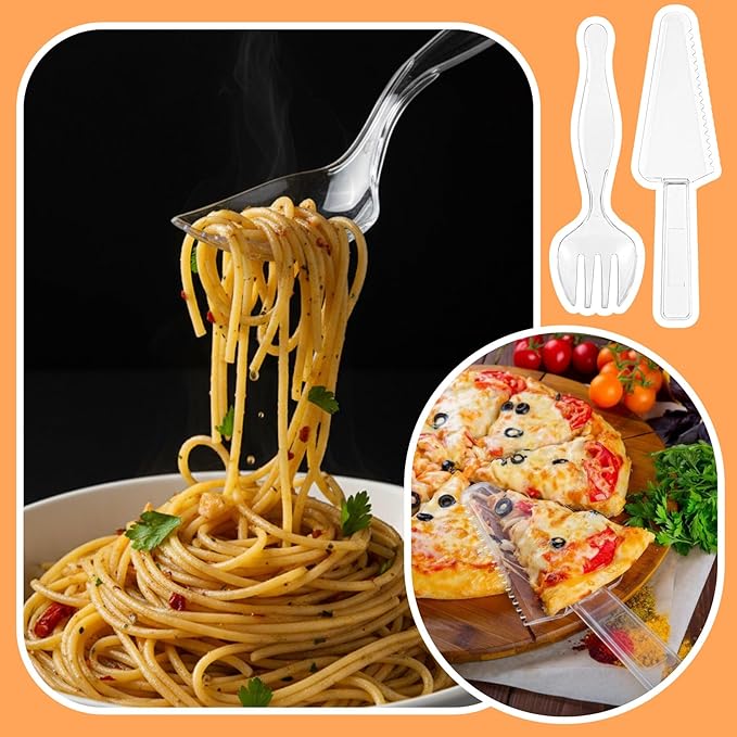 30 Pcs Disposable Plastic Serving Utensils Set Include 8.5'' Serving Spoons Forks 9'' Tongs and Knives for Birthday Party Buffet Dinner Food Salad Utensils Christmas (Clear)
