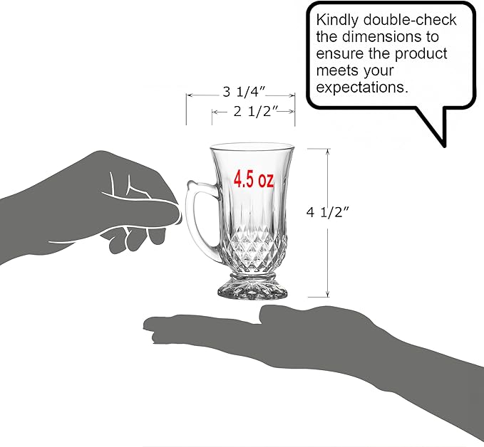 Red Co. 6-Pack Classic Clear Cut Glass 4.5 Oz Footed Turkish Tea Cups with Handles, Etched Design