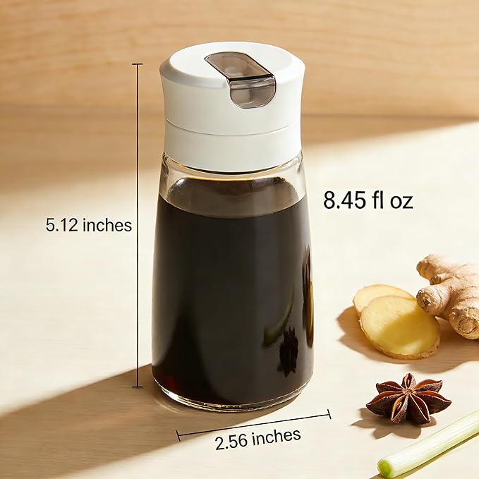 Soy Sauce Dispenser, 8.45oz Non-Drip Spout Cruet for Olive Oil, Vinegar, and Soy Sauce with Auto Flip Cap, Glass Dispenser Bottle for Kitchen Cooking
