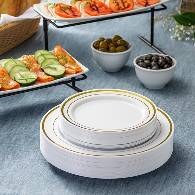 SETUP 60-Piece Gold Trim Plastic Dinnerware Set – 30 10.25" Dinner & 30 7.5" Salad Plates – Heavy-Duty Disposable for Weddings, Catering, Parties